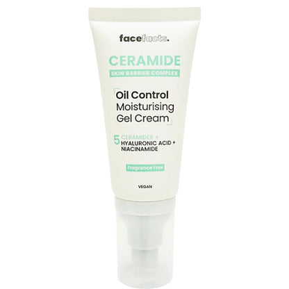 Face Facts Ceramide Oil Control Moisturising Gel Cream in a tub, showcasing smooth, lightweight body care moisturizer with a creamy texture.