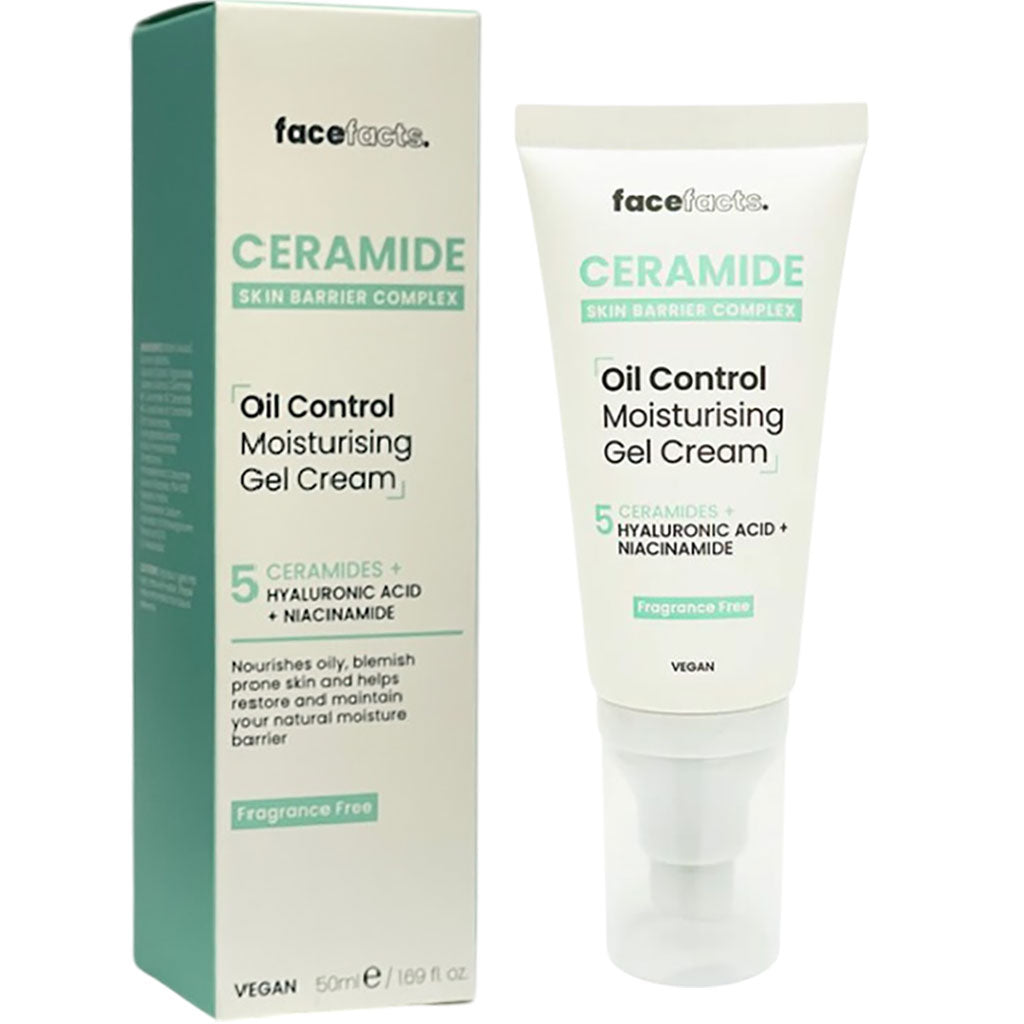 Face Facts 5 Ceramide Oil Control Moisturising Gel Cream for body care, showing the smooth, lightweight gel texture in a jar.