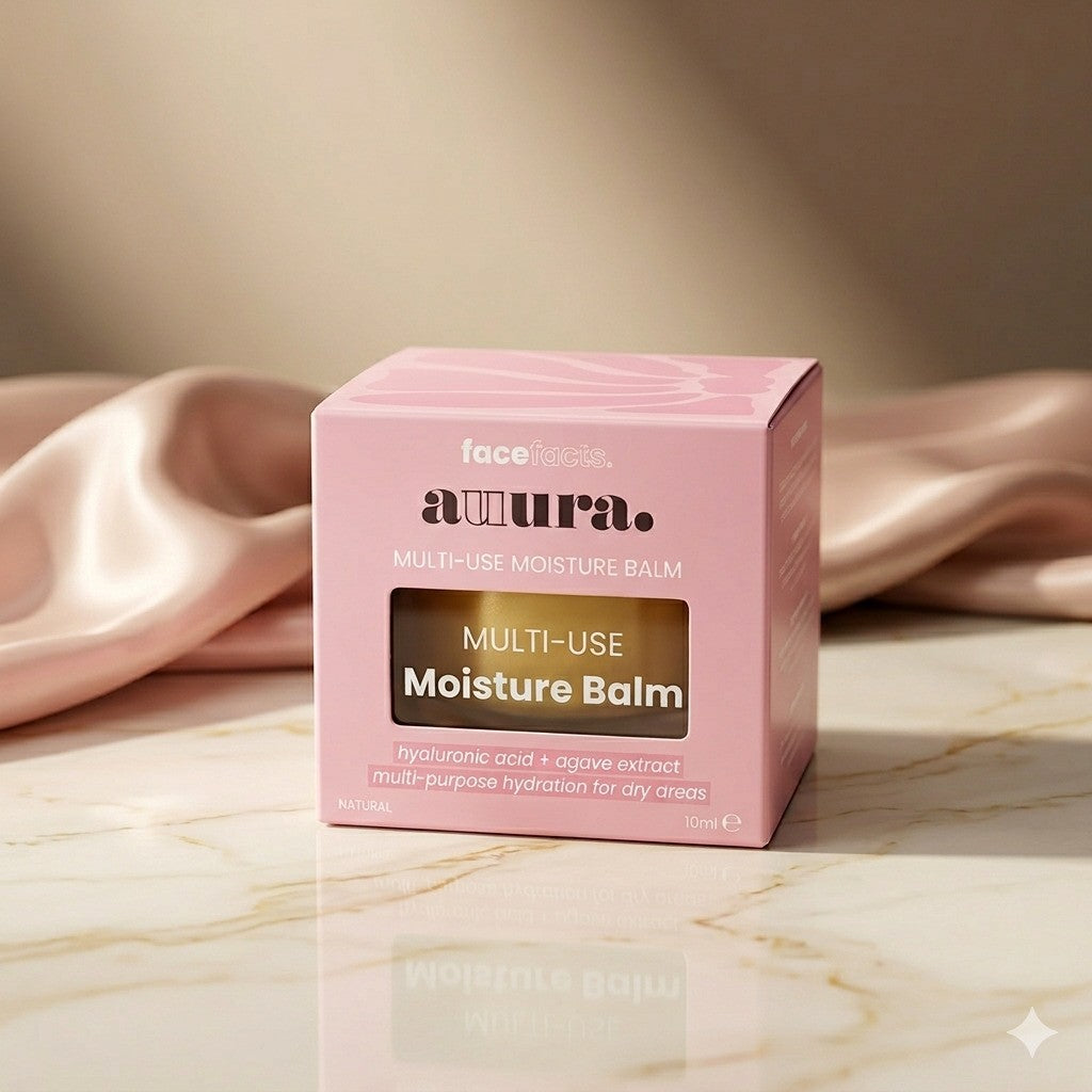 Face Facts Auura Multi-Use Moisture Balm in a jar, creamy moisturizer with natural ingredients for hydration and skin soothing.