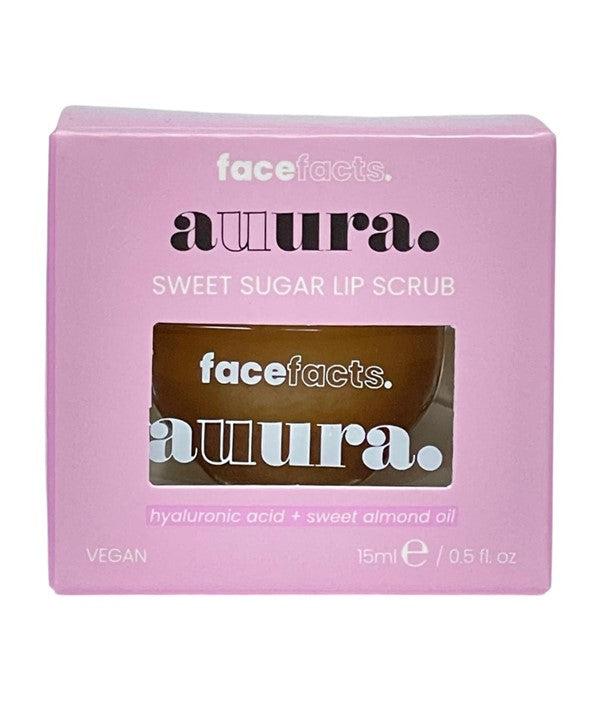 Face Facts Auura Sweet Sugar Lip Scrub in 15ml jar, showing the creamy pink lip care product with sugar granules.