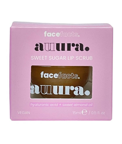 Face Facts Auura Sweet Sugar Lip Scrub in 15ml jar, showing the creamy pink lip care product with sugar granules.