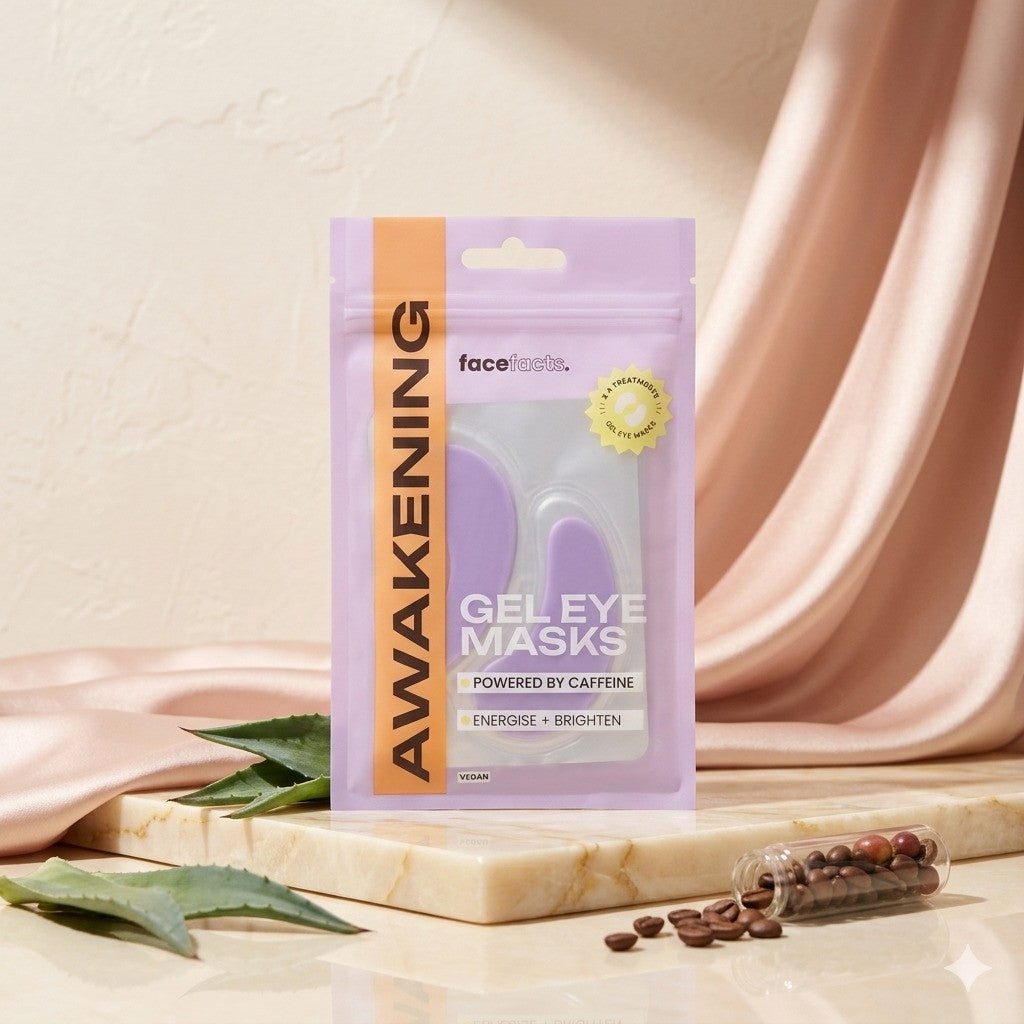 Face Facts Awakening Caffeine Gel Eye Masks shown on a person&