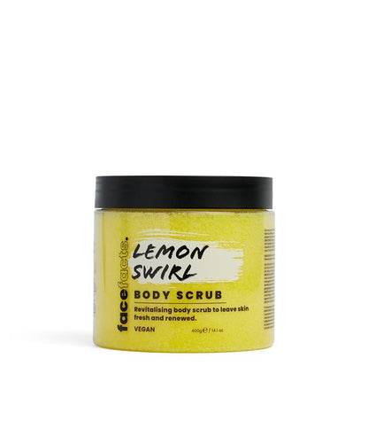 Face Facts Lemon Swirl Body Scrub in 400g jar, showing textured scrub with lemon scent for bath and shower skincare.