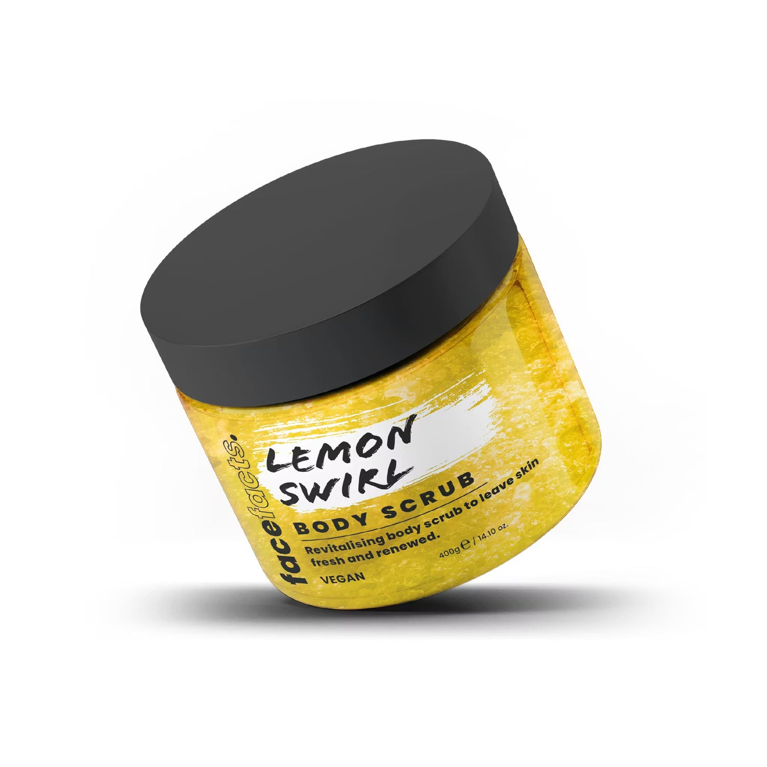 Face Facts Lemon Swirl Body Scrub in 400g jar, showing textured exfoliating scrub with lemon scent for bath and shower use.