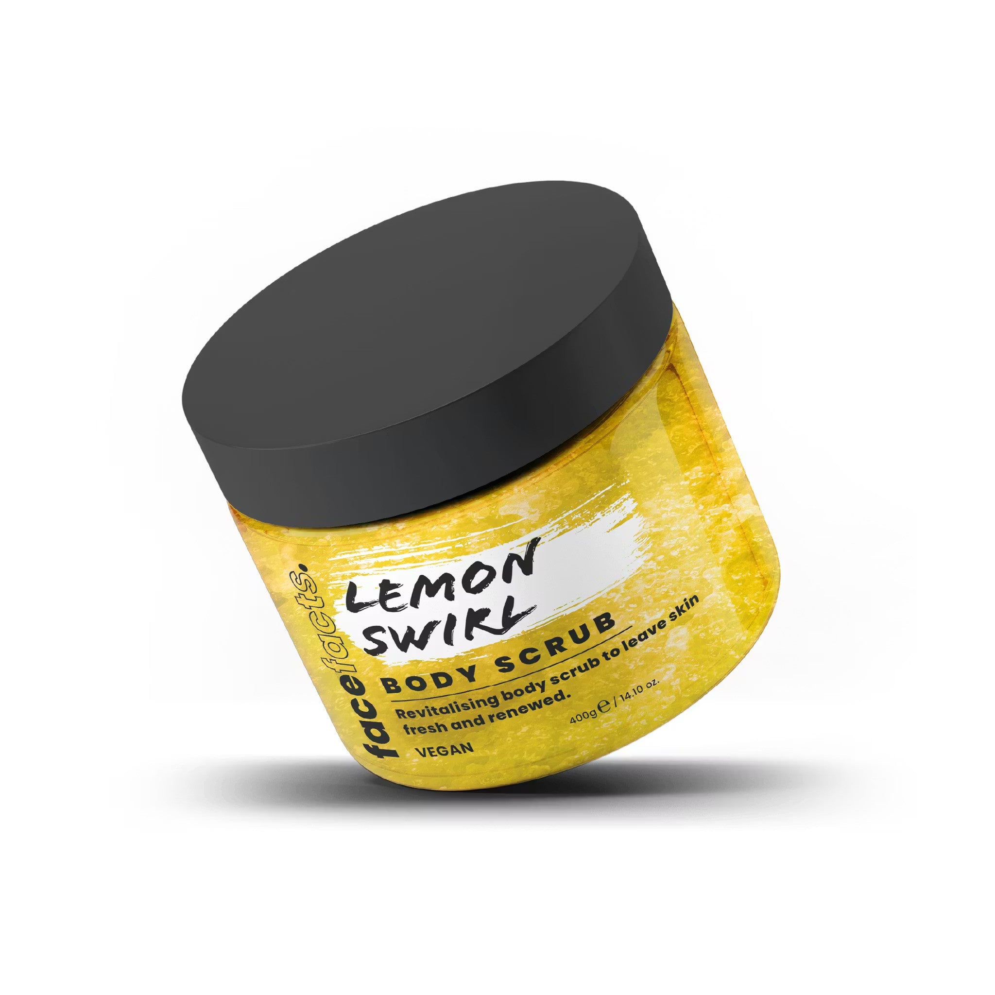 Face Facts Lemon Swirl Body Scrub in 400g jar, showing textured exfoliating scrub with lemon scent for bath and shower use.