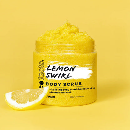 Face Facts Lemon Swirl Body Scrub in a 400g container, designed for bath and shower use, with a citrus scent and exfoliating texture.