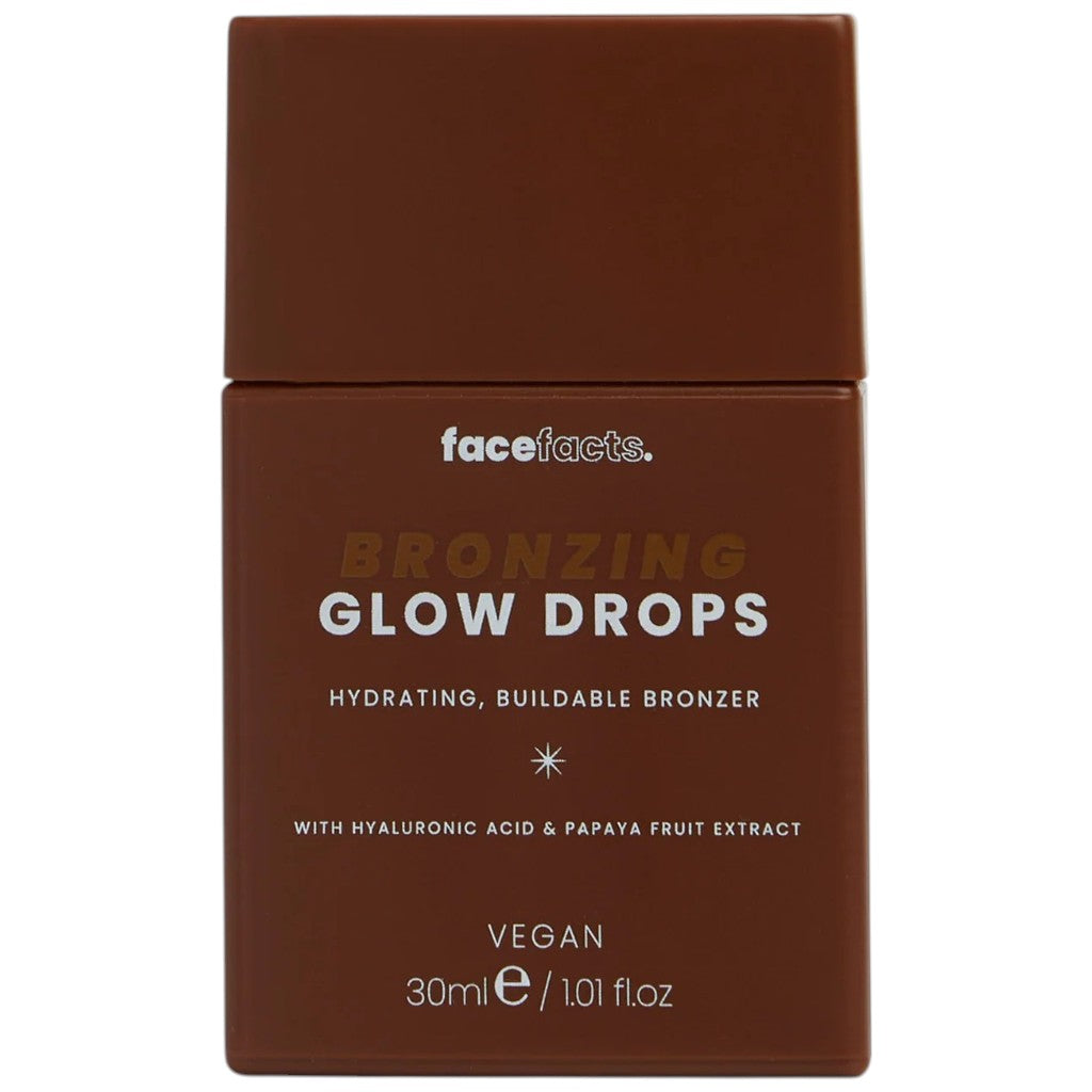 Face Facts Face Facts Bronzing Hydrating Buildable Bronzer Glow Drops in a clear bottle with a dropper, showing the liquid formula.