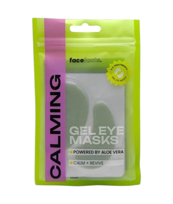 Face Facts calming aloe vera gel eye masks lying on a white surface, designed for soothing eye care and reducing puffiness.