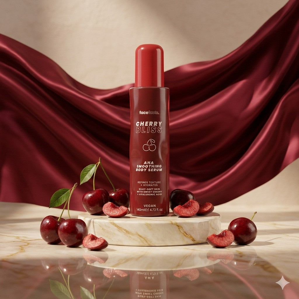 Face Facts Cherry Bliss AHA Smoothing Body Serum moisturizer in a clear bottle with cherry-themed label and pump dispenser.