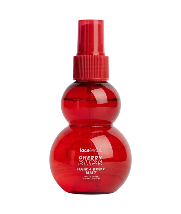 Face Facts Cherry Bliss Hair and Body Mist in 120ml bottle, featuring a sweet cherry scent for hair styling and body refreshment.