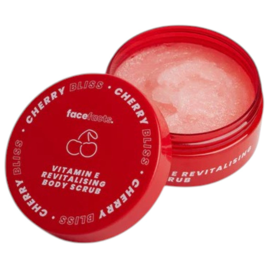 Face Facts Cherry Bliss Vitamin E revitalizing body scrub in a jar, with cherry extract and exfoliating texture for smooth skin.