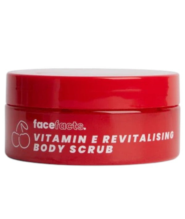 Face Facts Cherry Bliss Vitamin E revitalising body scrub in a tube, showing pink and white exfoliating beads for bath and shower use.