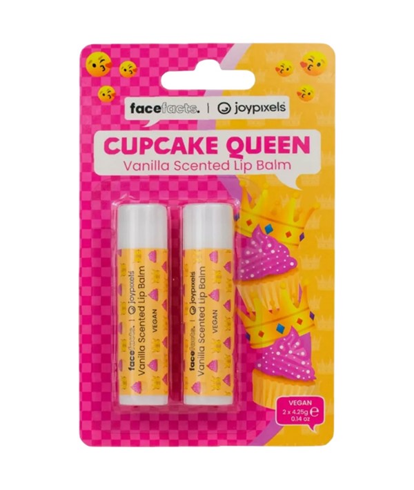 Face Facts Cupcake Queen vanilla scented lip balm in a small container, featuring colorful cupcake-themed packaging for lip care.