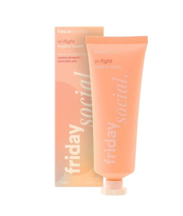 Face Facts Friday Social In Flight Hydra Mask, a skincare product in a jar with a smooth gel texture, designed for hydration.