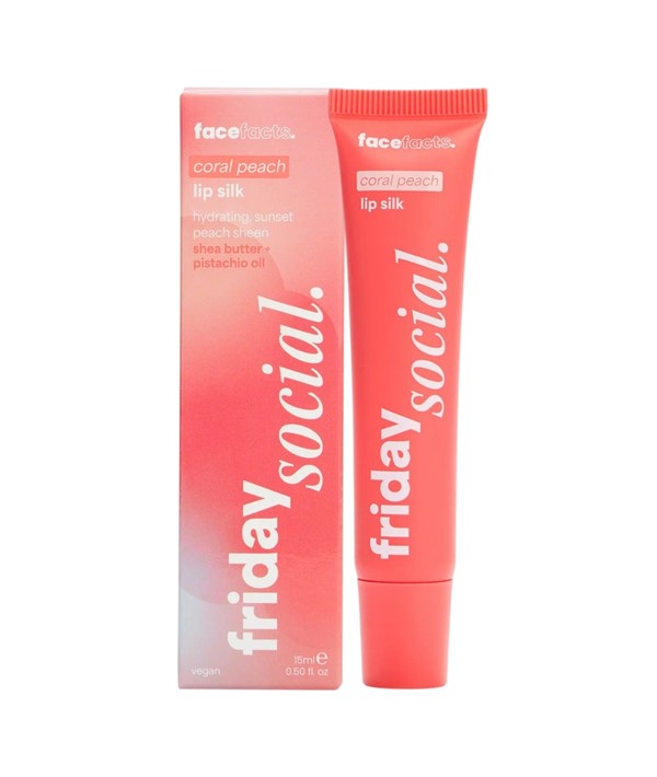 Face Facts Friday Social Lip Silk in Coral Peach lip care product tube