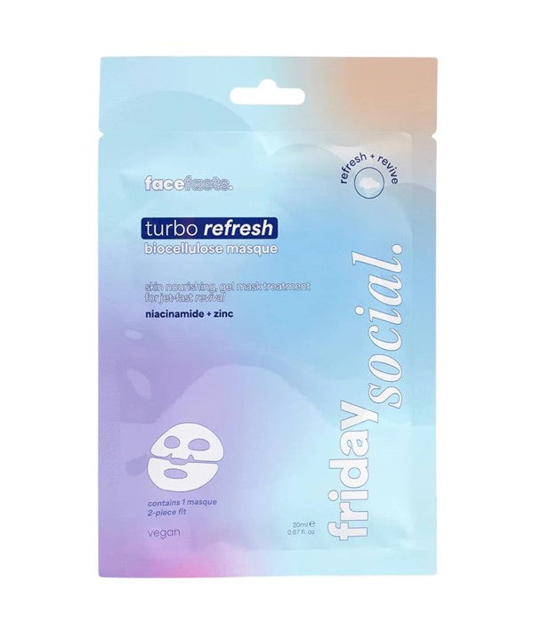 Face Facts Face Facts Friday Social Turbo Refresh Biocellulose Masque applied on skin, showing a refreshing skincare treatment.