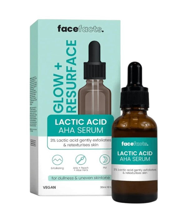 Face Facts Glow Plus Resurface Lactic Acid AHA Serum moisturizer in a clear bottle with a dropper for glowing skin.
