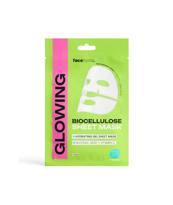 Face Facts Glowing Biocellulose Hydrating Gel Sheet Mask showing a translucent sheet mask with hydrating serum for glowing skin.