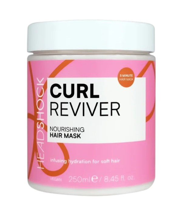 Face Facts Headshock Curl Reviver nourishing hair mask in a jar, designed to hydrate and enhance curly hair.
