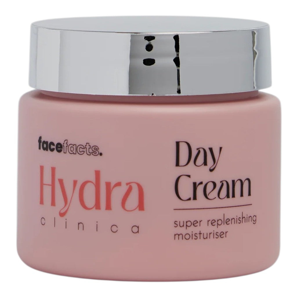 Face Facts Hydra Clinica Super Replenishing Moisturiser Day Cream in a jar, showing its smooth, hydrating texture for daily skincare.