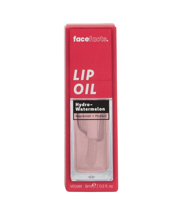 Face Facts Nourish Plus Renew Hydro Watermelon Pink Blush Lip Oil in a clear bottle with a pink tint and applicator wand.