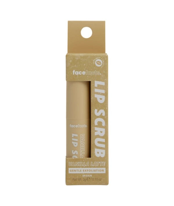 Face Facts Vanilla Latte Lip Scrub in a small jar, showcasing gentle exfoliation for soft, smooth lips.