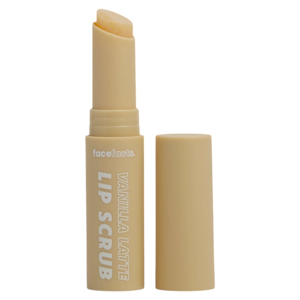 Face Facts Vanilla Latte Lip Scrub showing a small jar of gentle exfoliation lip care for smooth, soft lips.