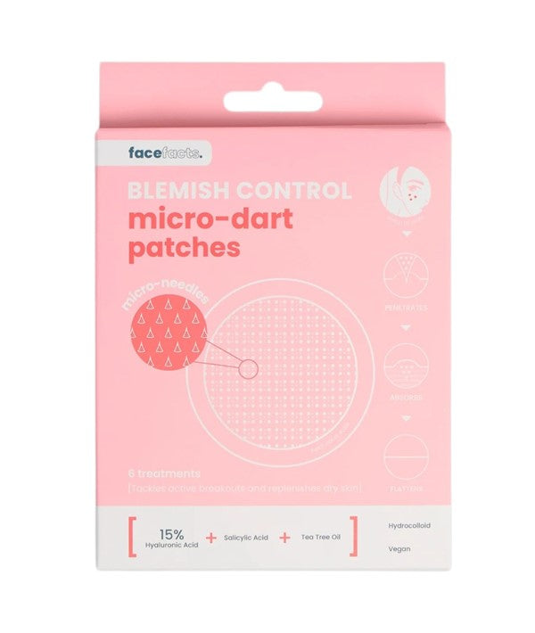 Face Facts Micro Dart Patches for Blemish Control on skin, showing small clear patches designed to treat acne blemishes.