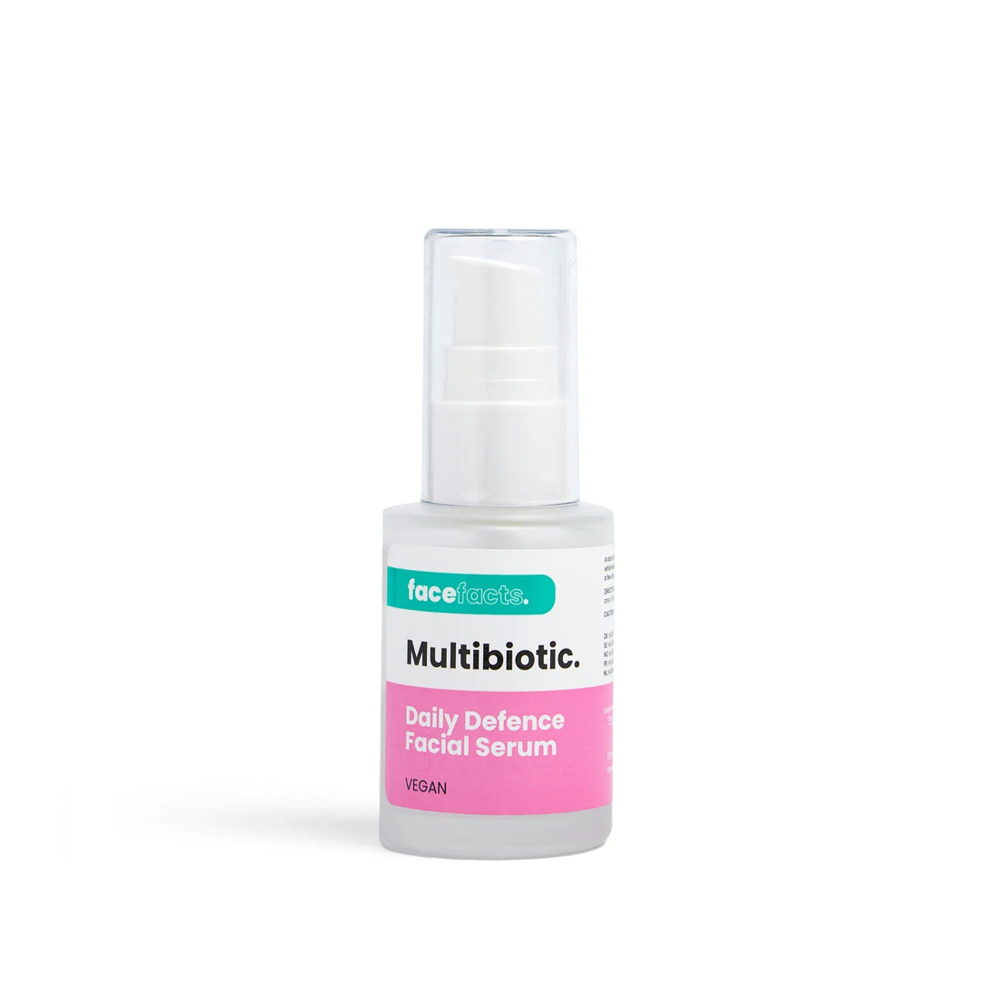 Face Facts Multibiotic Daily Defence facial serum bottle, a moisturizer with a sleek design and pump dispenser.