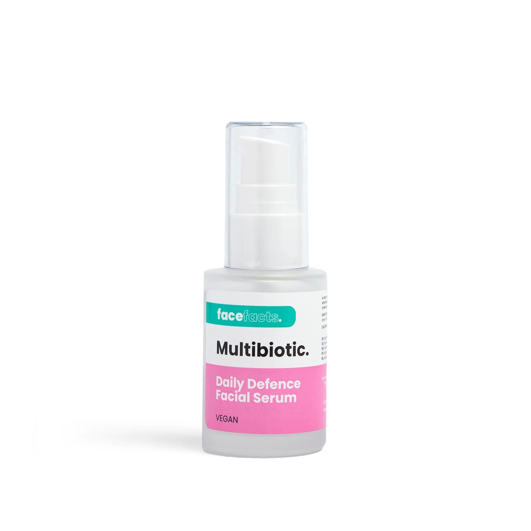 Face Facts Multibiotic Daily Defence facial serum bottle, a moisturizer with a sleek design and pump dispenser.