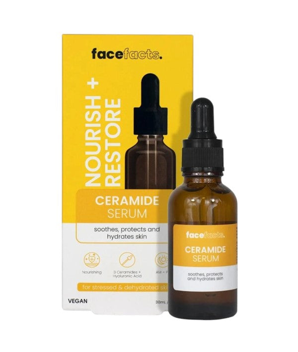 Face Facts Nourish Plus Restore Ceramide Serum moisturizer in a clear dropper bottle, highlighting its hydrating skincare formula.