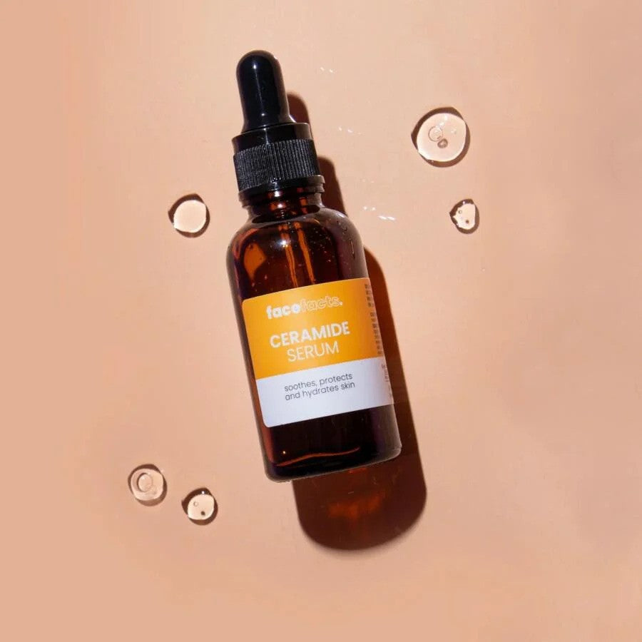 Face Facts Nourish Plus Restore Ceramide Serum moisturizer bottle with pump dispenser, designed to hydrate and restore skin.