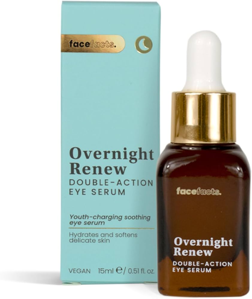 Face Facts Overnight Renew Double Action Eye Serum in 15ml bottle, with a sleek packaging and applicator for eye skincare.