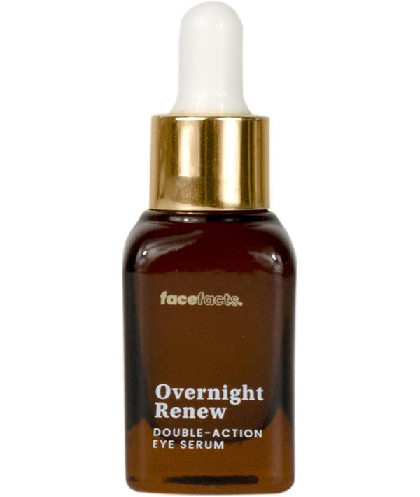 Face Facts Overnight Renew Double Action Eye Serum in 15ml bottle, moisturizing eye treatment with brightening and anti-aging benefits.