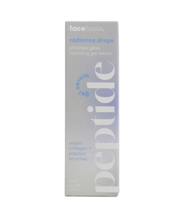 Face Facts Peptide Radiance Drops gel serum moisturizer in a clear bottle with a white pump dispenser.