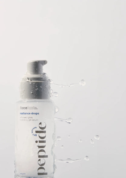 Face Facts Peptide Radiance Drops gel serum moisturizer in a clear bottle with a pump, designed to boost skin radiance.