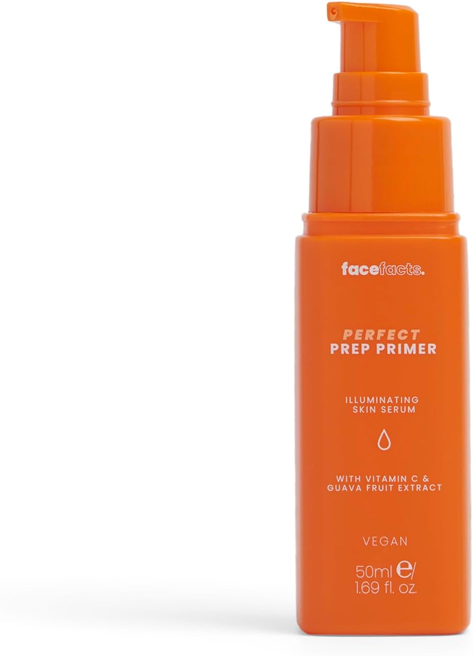 Face Facts Perfect Prep Primer illuminating skin serum in a 50ml bottle, designed to prep and brighten skin.