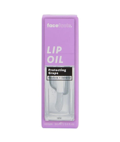 Face Facts Nourish Plus Renew Protecting Grape Clear Glaze Lip Oil in a sleek tube, showcasing its glossy finish and vibrant grape flavor.