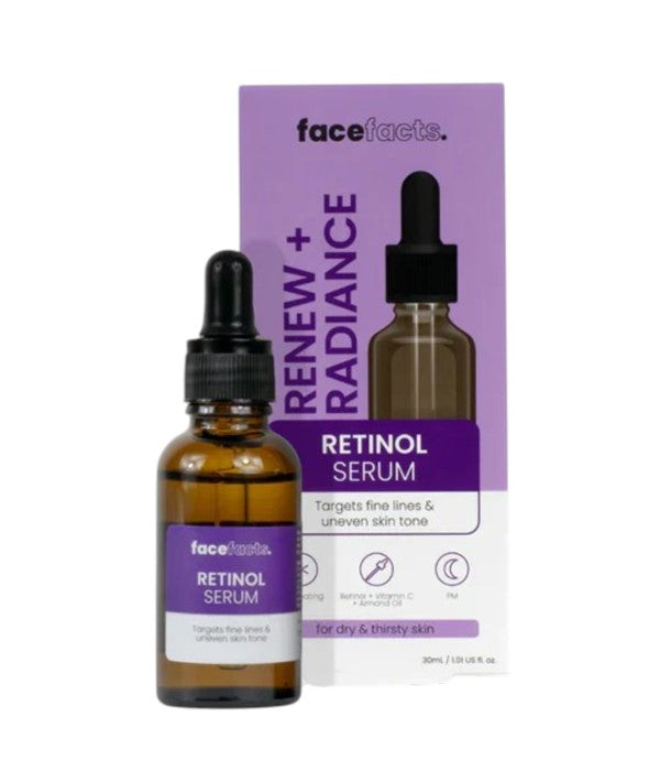 Face Facts Renew Plus Radiance Retinol Serum moisturizer in a clear bottle with a pump dispenser, showing the product label.