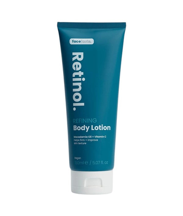 Face Facts Retinol Refining Body Lotion bottle shown, featuring skincare for smooth, revitalized skin and improved texture.