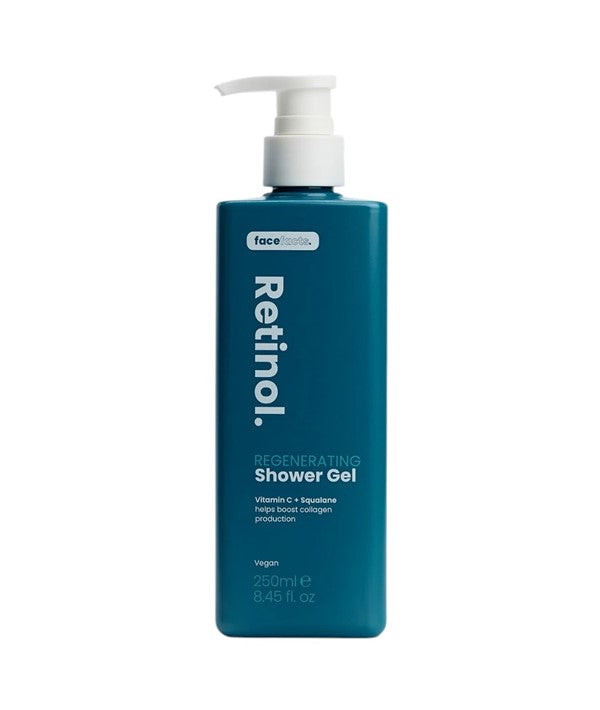 Face Facts Retinol Regenerating Shower Gel in a clear bottle, showing the bath and shower gel with retinol for skin renewal.
