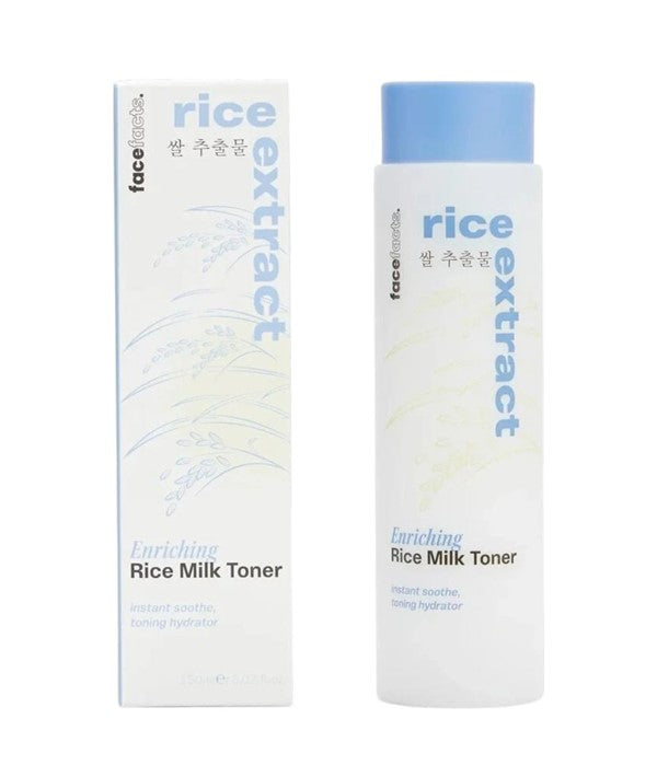 Face Facts Rice Extract Enriching Rice Milk Toner in a clear bottle, showing its gentle, nourishing skincare formulation with rice ingredients.