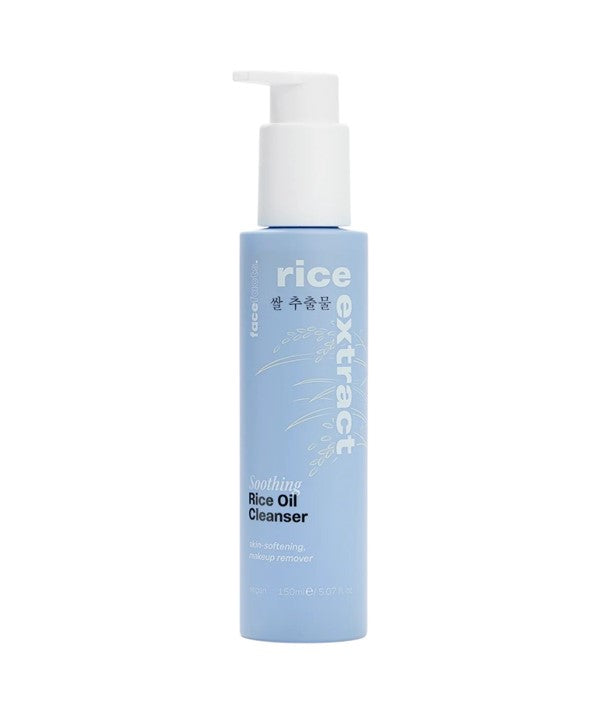 Face Facts soothing rice oil cleanser in a 150ml bottle, featuring a gentle formula with rice extract for skin cleansing.