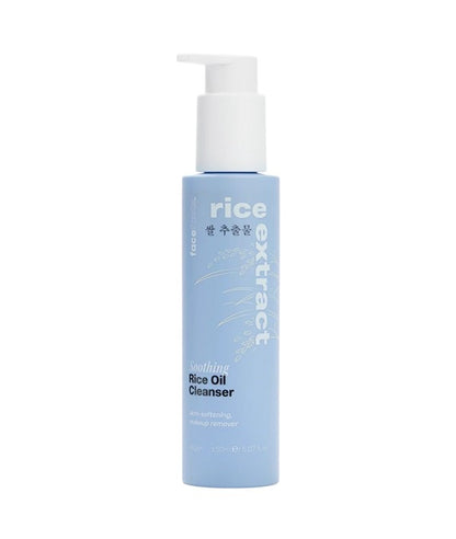 Face Facts soothing rice oil cleanser in a 150ml bottle, featuring a gentle formula with rice extract for skin cleansing.