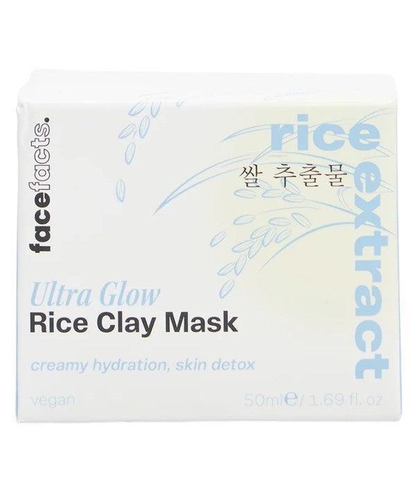 Face Facts Rice Extract Ultra Glow Rice Clay Mask in a jar, showing its smooth clay texture and packaging.