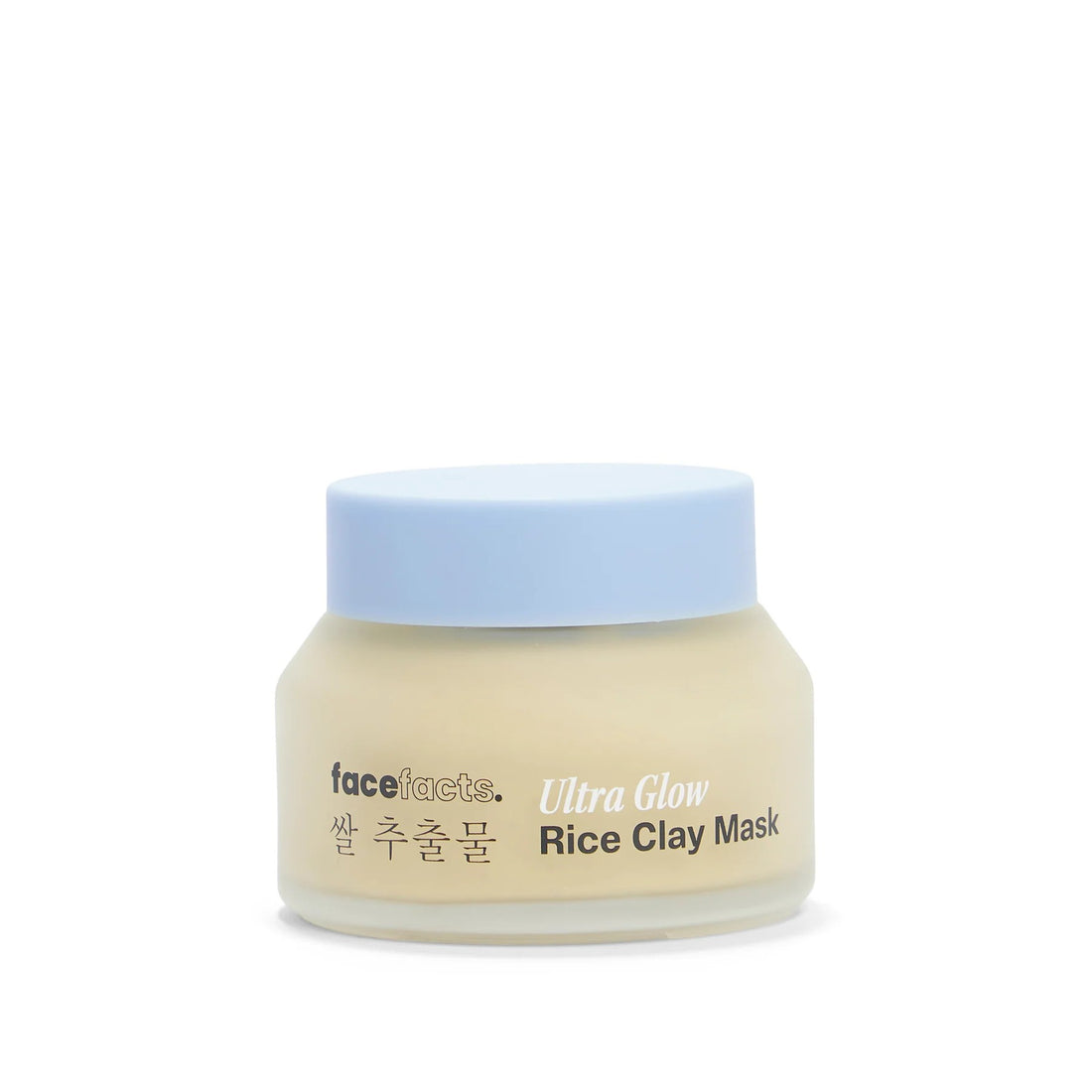 Face Facts Rice Extract Ultra Glow Rice Clay Mask for skin care, showing the clay mask in a container with rice extract ingredients.