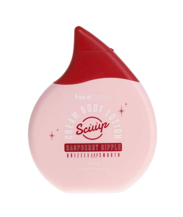 Face Facts Raspberry Ripple Cream Body Lotion bottle with pink and white raspberry design, for nourishing skin care.
