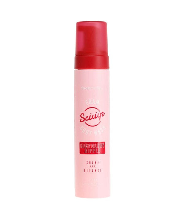 Face Facts Scuup Raspberry Ripple foam body wash bottle for bath and shower, featuring a raspberry ripple design.