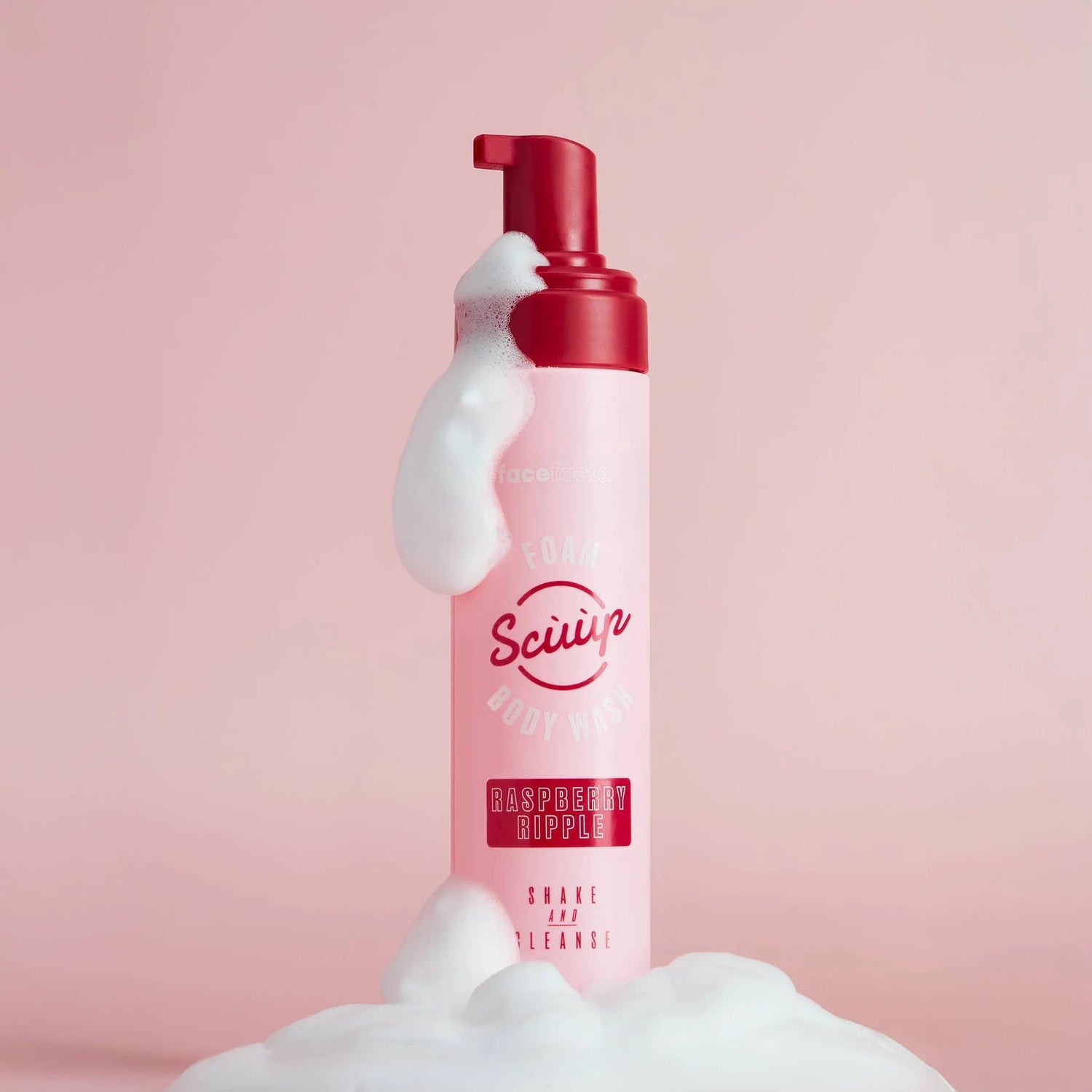 Face Facts Raspberry Ripple Foam Body Wash in a clear bottle, showing the pink and white swirl of the raspberry ripple scent.