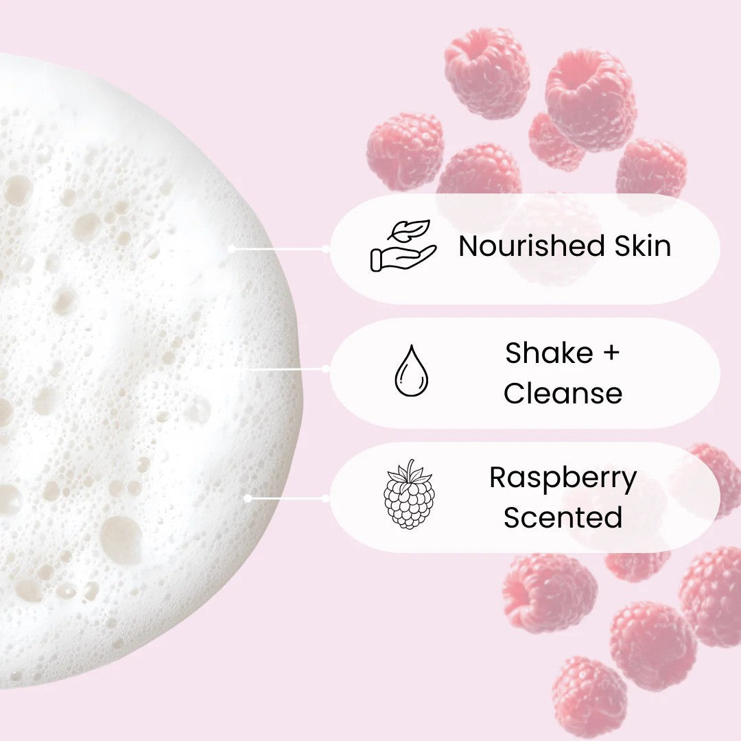Face Facts Scuup Raspberry Ripple Foam Body Wash in a bottle, showing the vibrant pink liquid for bath and shower use.